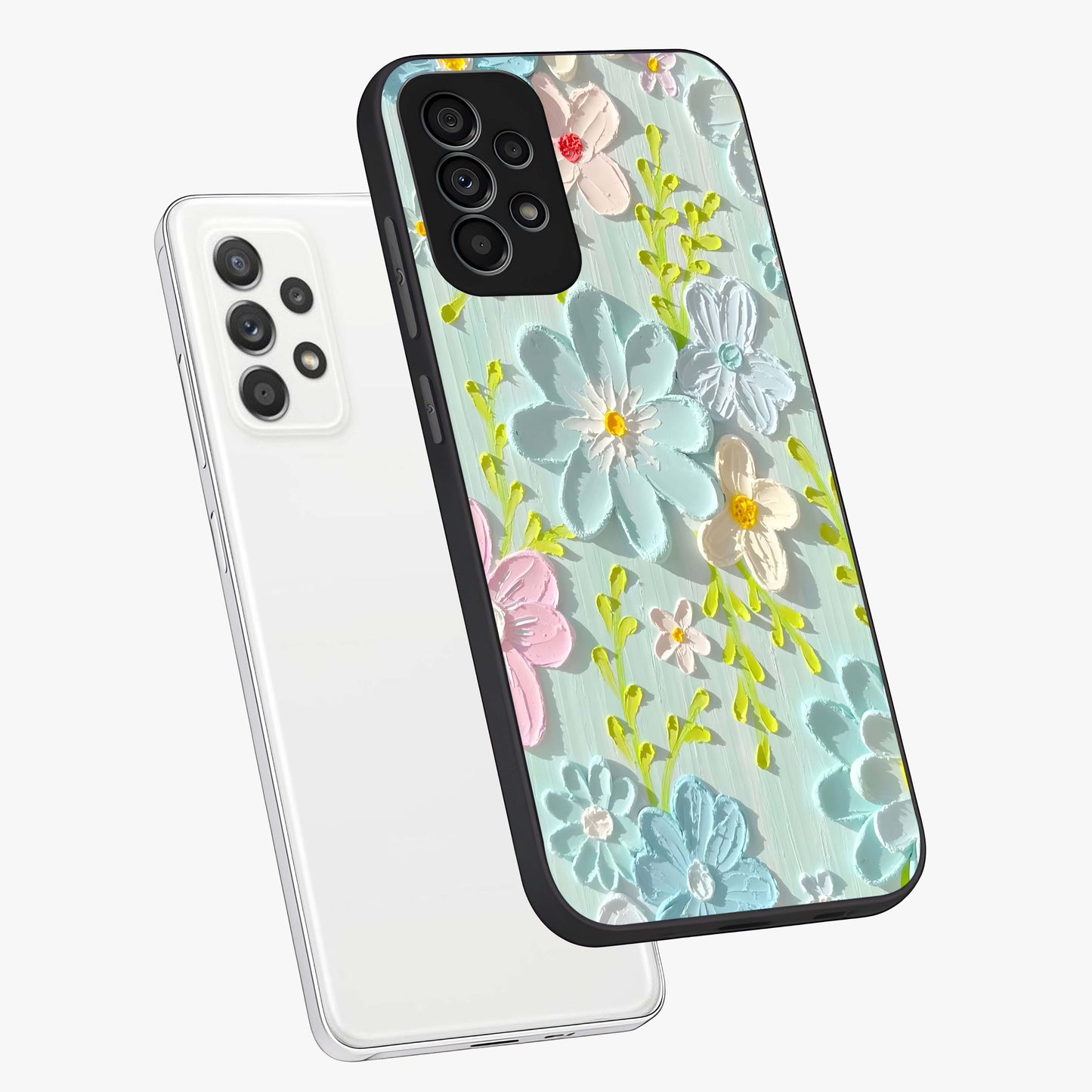 Frosted Petal Garden Glass Case displayed in angled mockup highlighting delicate flower petal design with calm garden aesthetic.