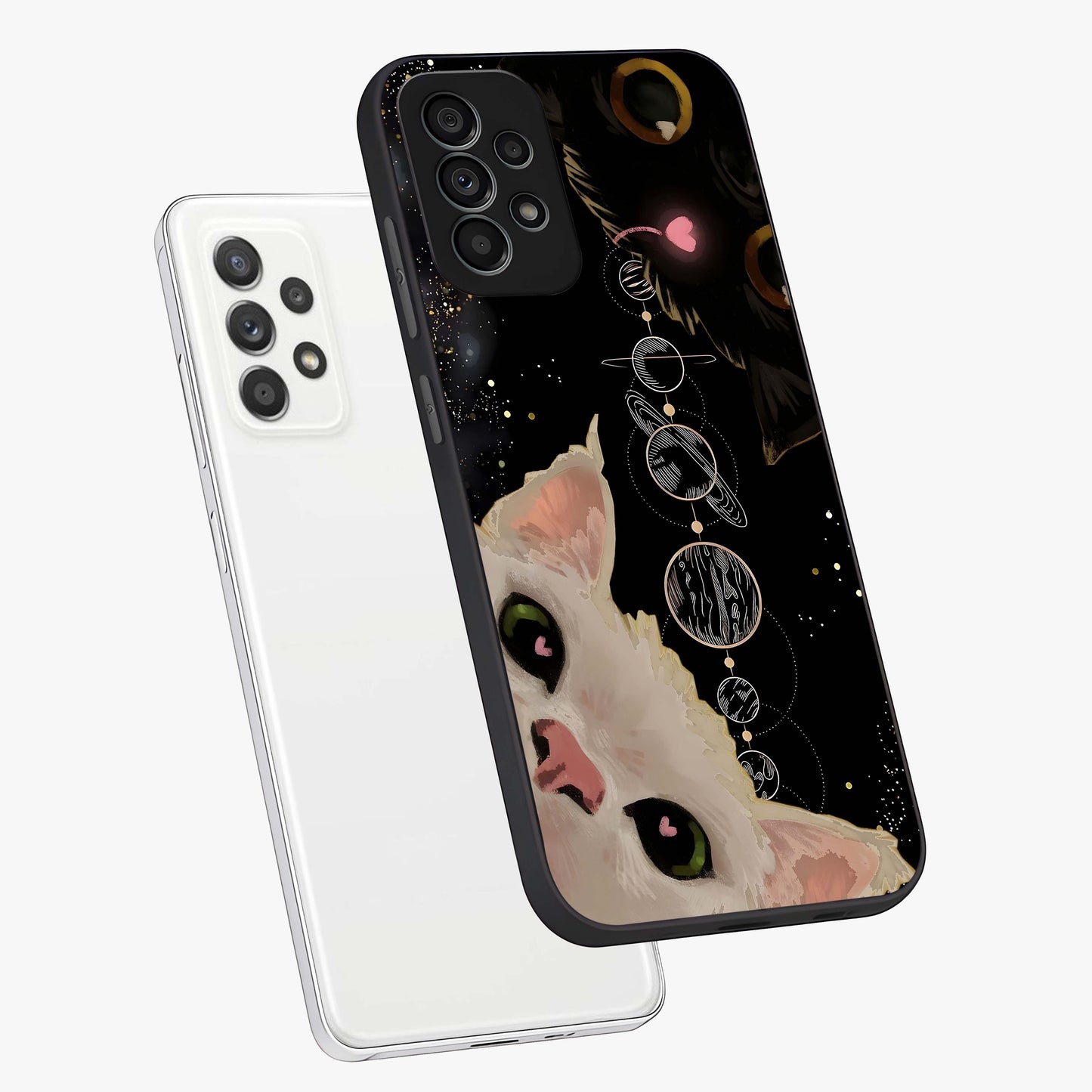 Galactic Cat Glass Case displayed in angled mockup highlighting celestial feline illustration with galaxy aesthetic style.