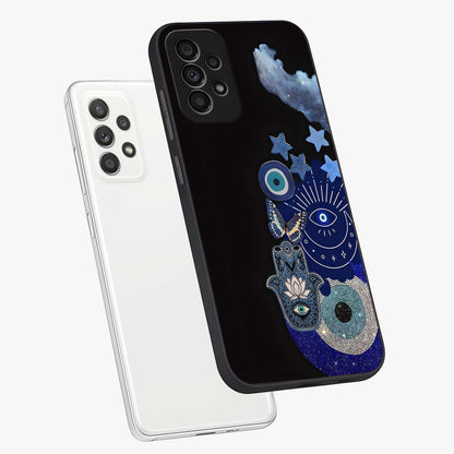 Galactic Charm Cluster Glass Case displayed in angled mockup highlighting luminous galaxy inspired design with dreamy aesthetic.