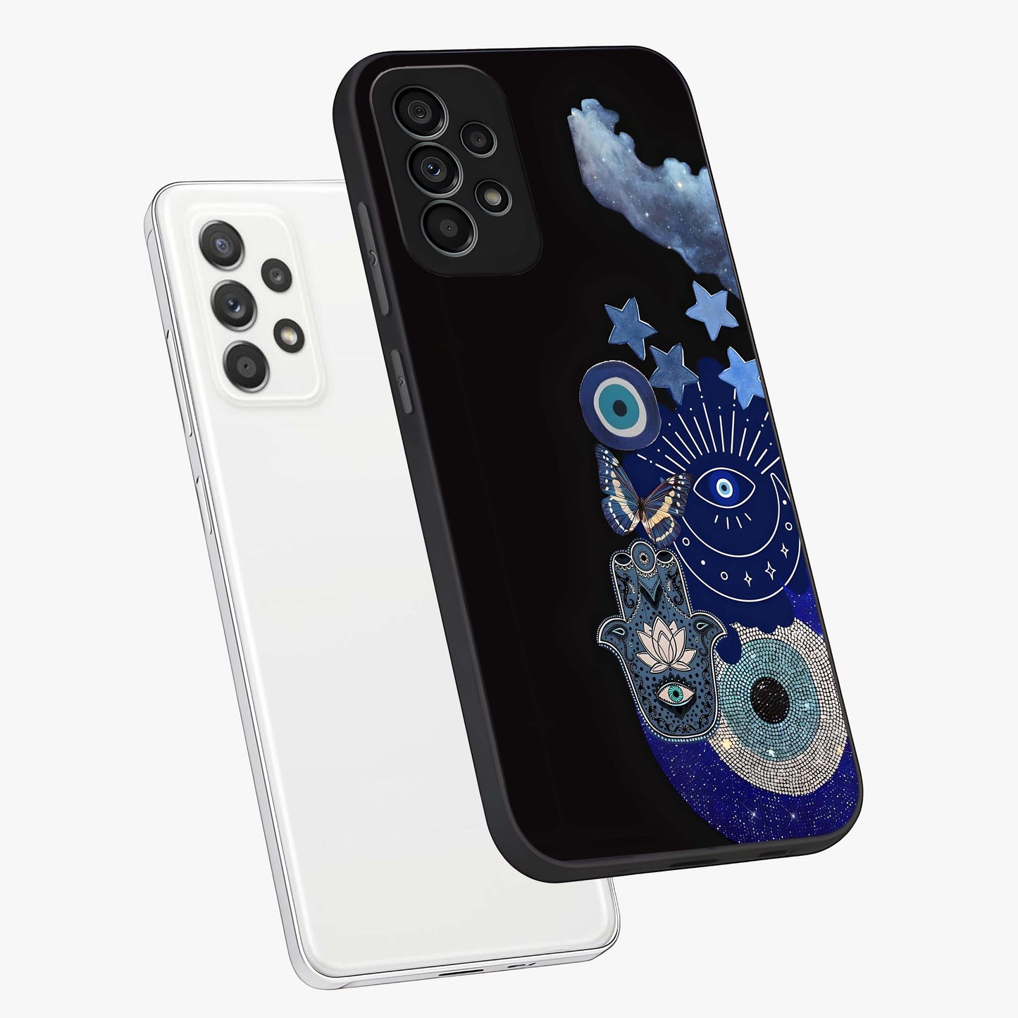 Galactic Charm Cluster Glass Case displayed in angled mockup highlighting luminous galaxy inspired design with dreamy aesthetic.