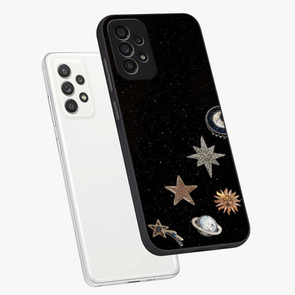 Galactic Charm Glow Glass Case displayed in angled mockup highlighting luminous galaxy inspired design with dreamy aesthetic.