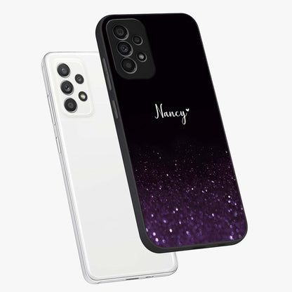 Glittery Purple Bokeh Custom Name Glass Case displayed in angled mockup highlighting glitter bokeh pattern with custom name feature.