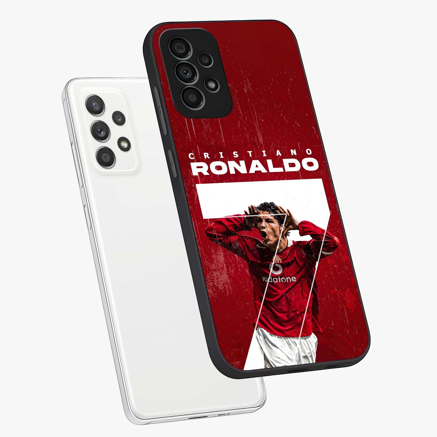 Goal Celebration Legacy Glass Case displayed in angled mockup highlighting energetic sports celebration design with bold athletic theme.