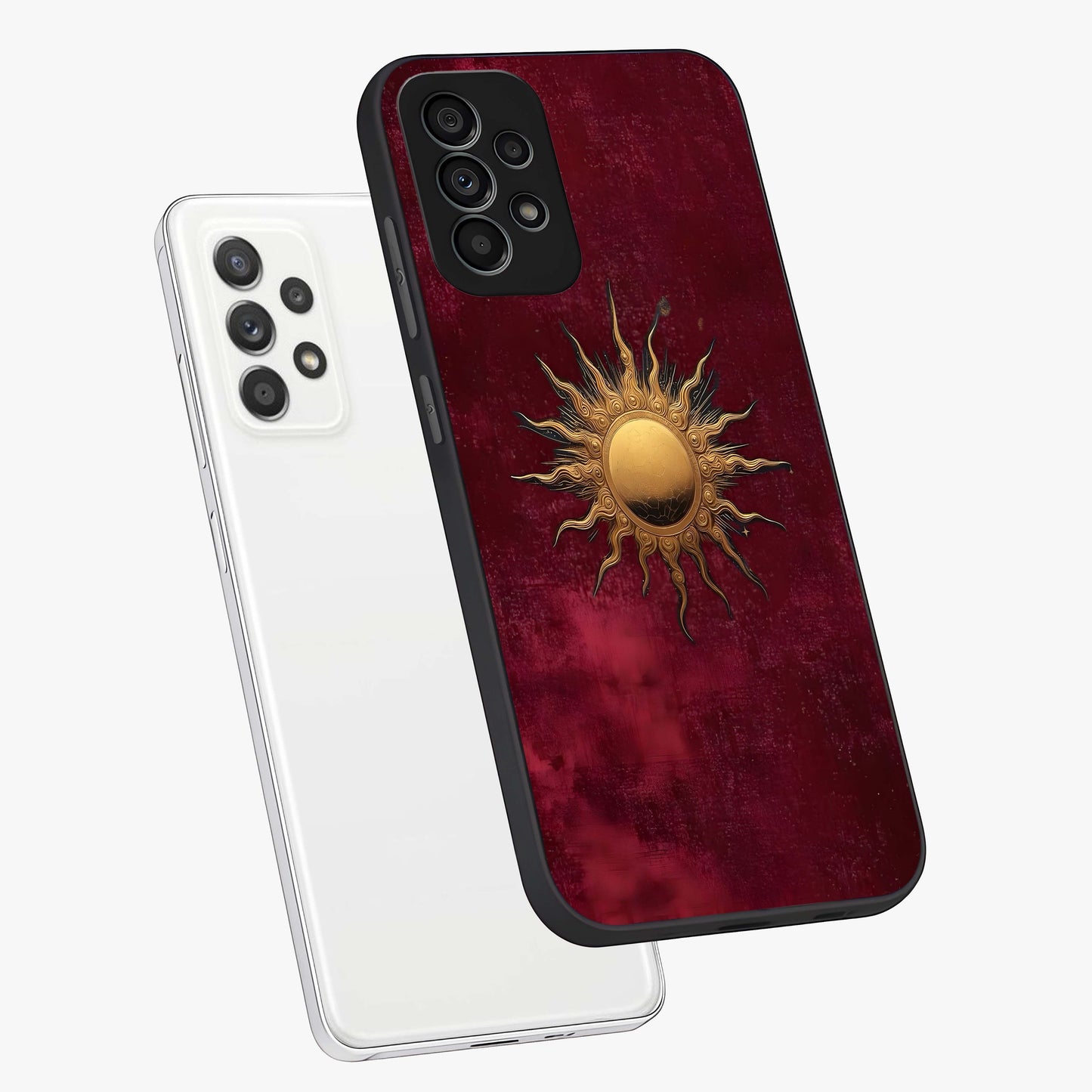 Golden Sun Minimalism Glass Case displayed in angled mockup highlighting clean sun symbol design with modern minimal aesthetic.