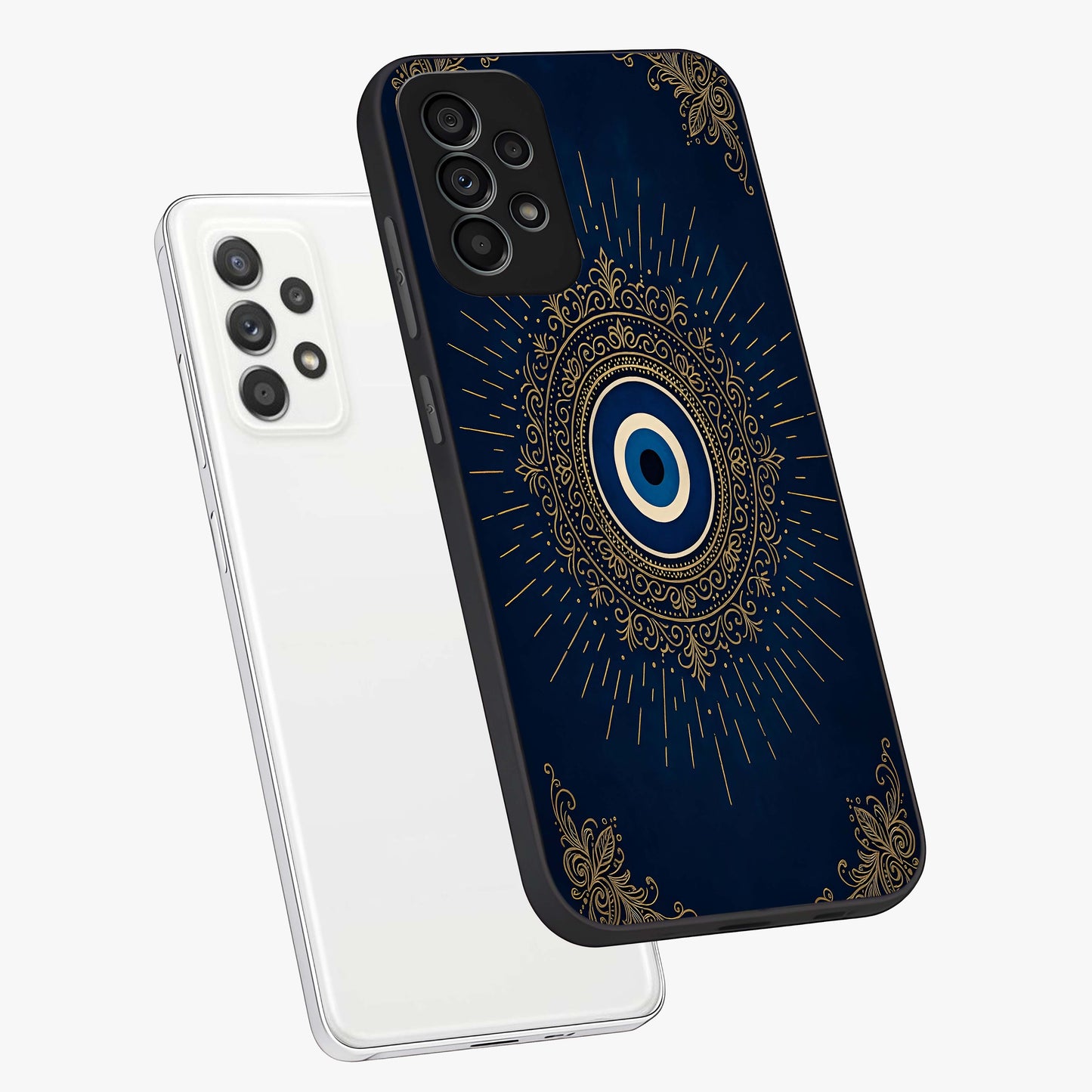 Golden Celestial Charm Glass Case displayed in angled mockup highlighting sparkling cosmic charm design with celestial aesthetic.