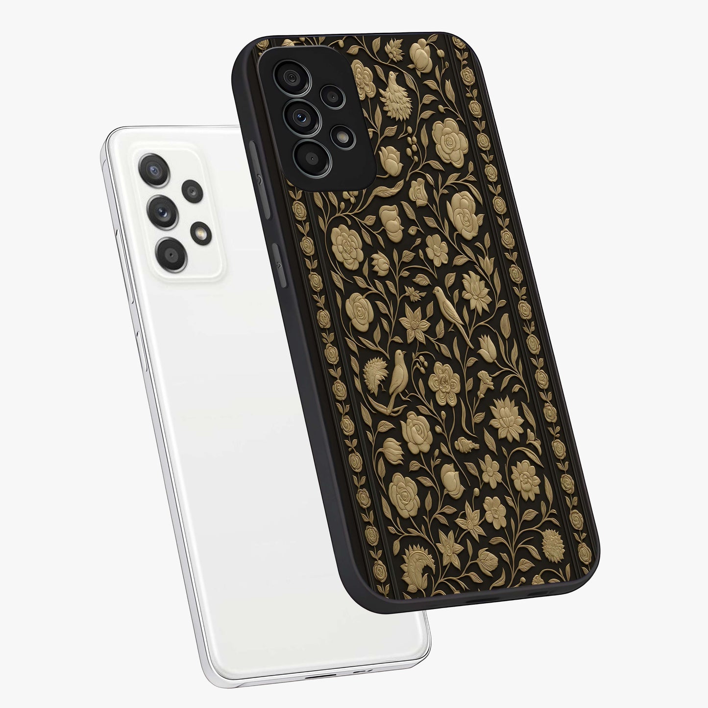 Golden Evil Eye Mandala Glass Case displayed in angled mockup highlighting protective evil eye symbol with golden mandala design.