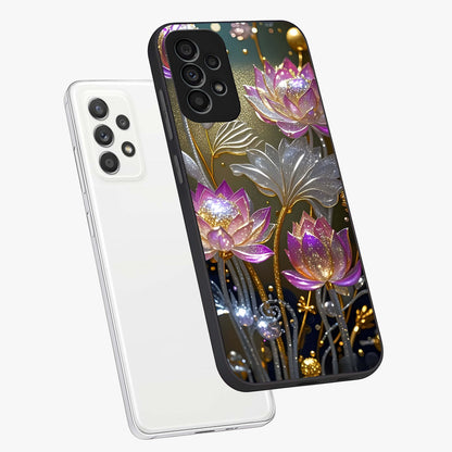 Golden Floral Majesty Glass Case displayed in angled mockup highlighting elegant flower design with royal golden aesthetic.