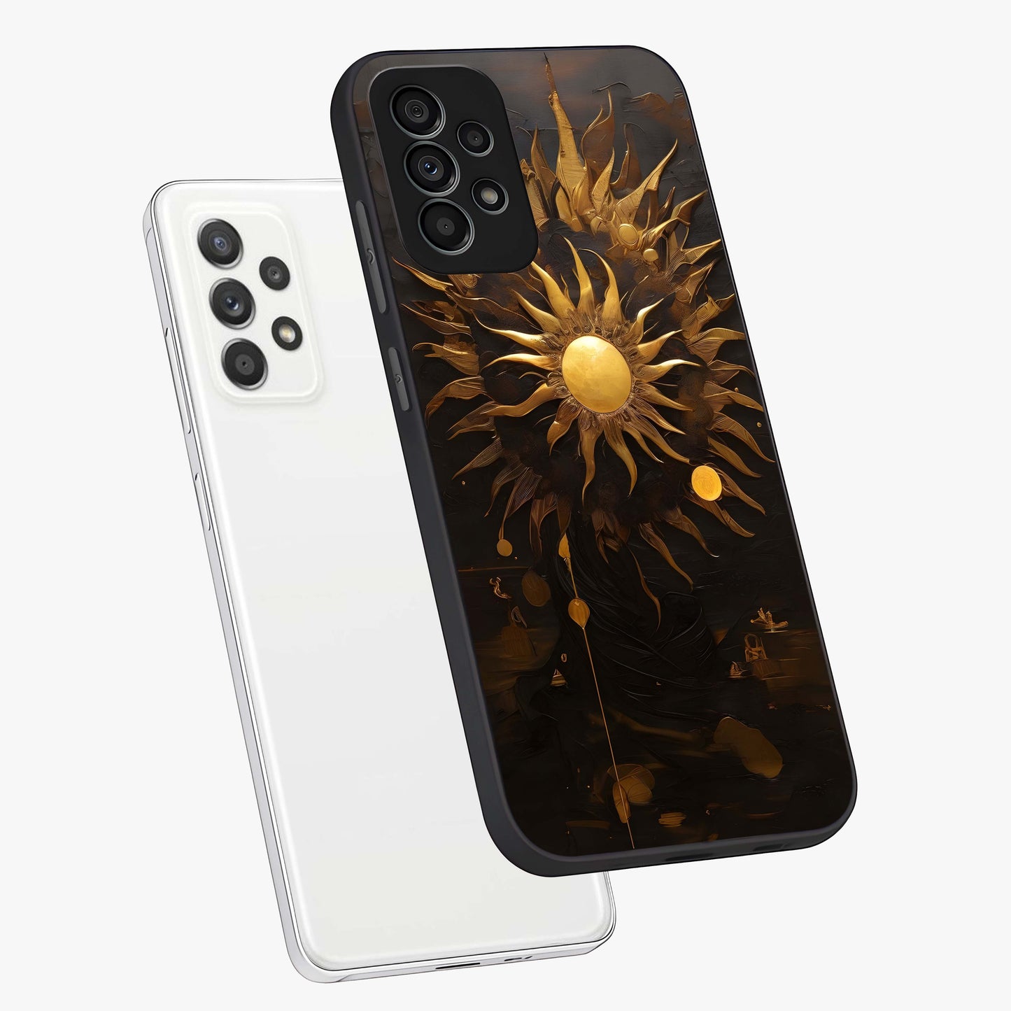 Golden Sun Majesty Glass Case displayed in angled mockup highlighting eerie shadow illustration with gothic aesthetic.