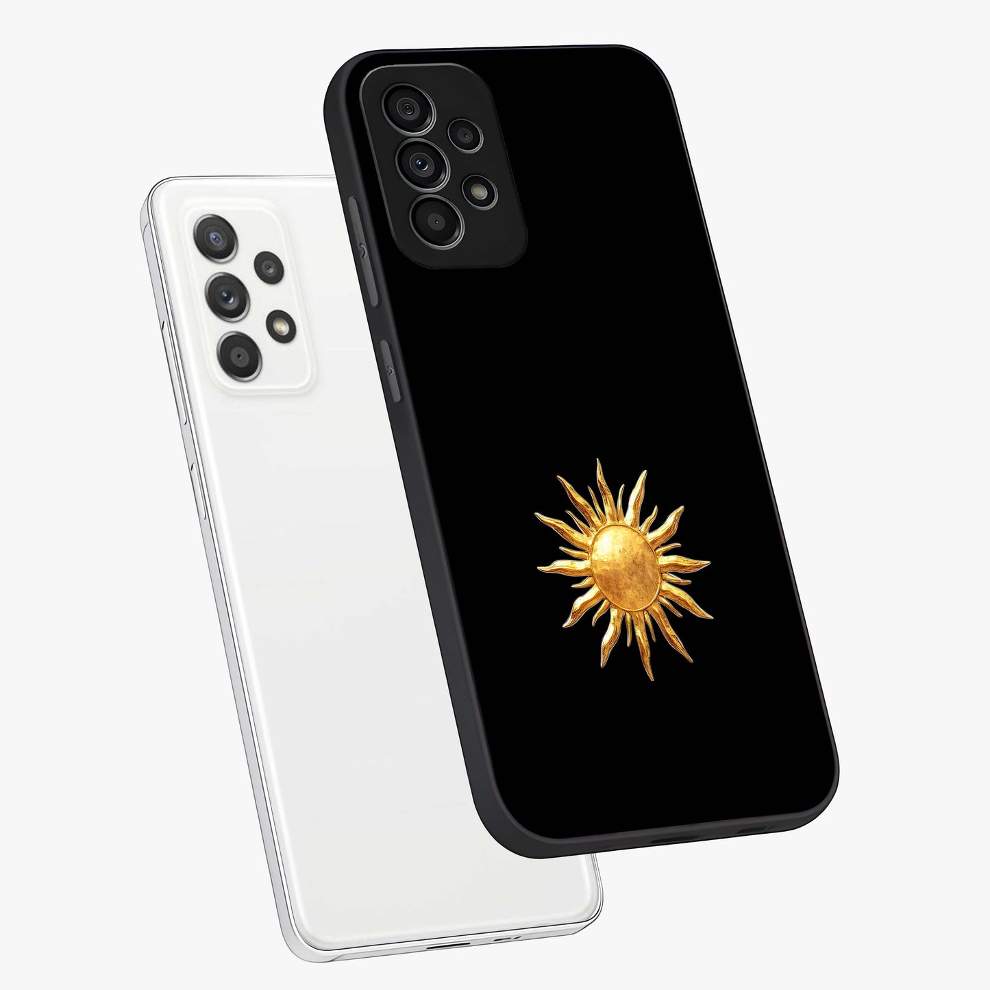 Golden Sun Minimalism Glass Case displayed in angled mockup highlighting eerie shadow illustration with gothic aesthetic.
