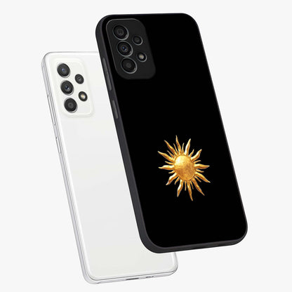 Golden Sun Minimalism Glass Case displayed in angled mockup highlighting eerie shadow illustration with gothic aesthetic.