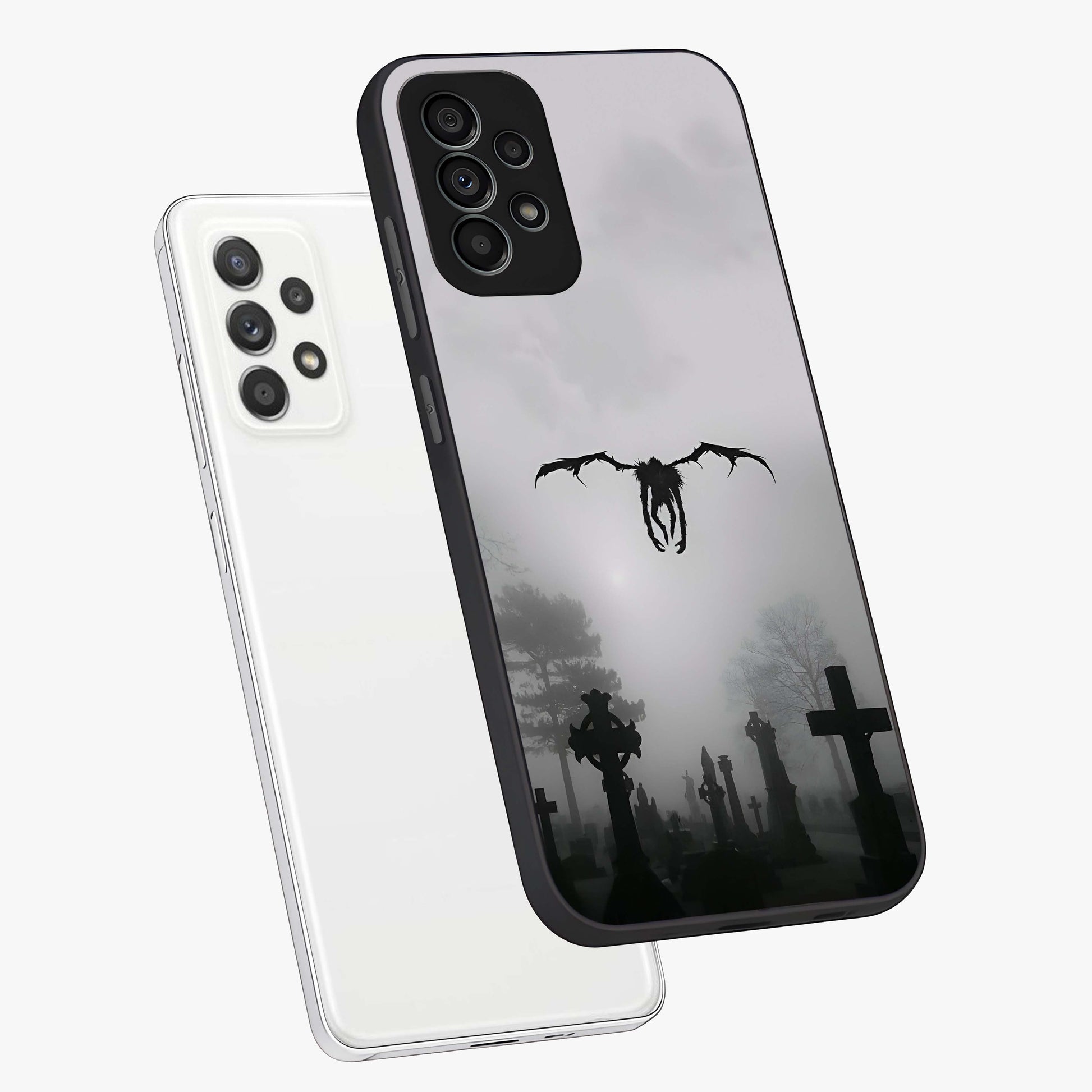 Graveyard Shadow Descent Glass Case displayed in angled mockup highlighting eerie shadow illustration with gothic aesthetic.