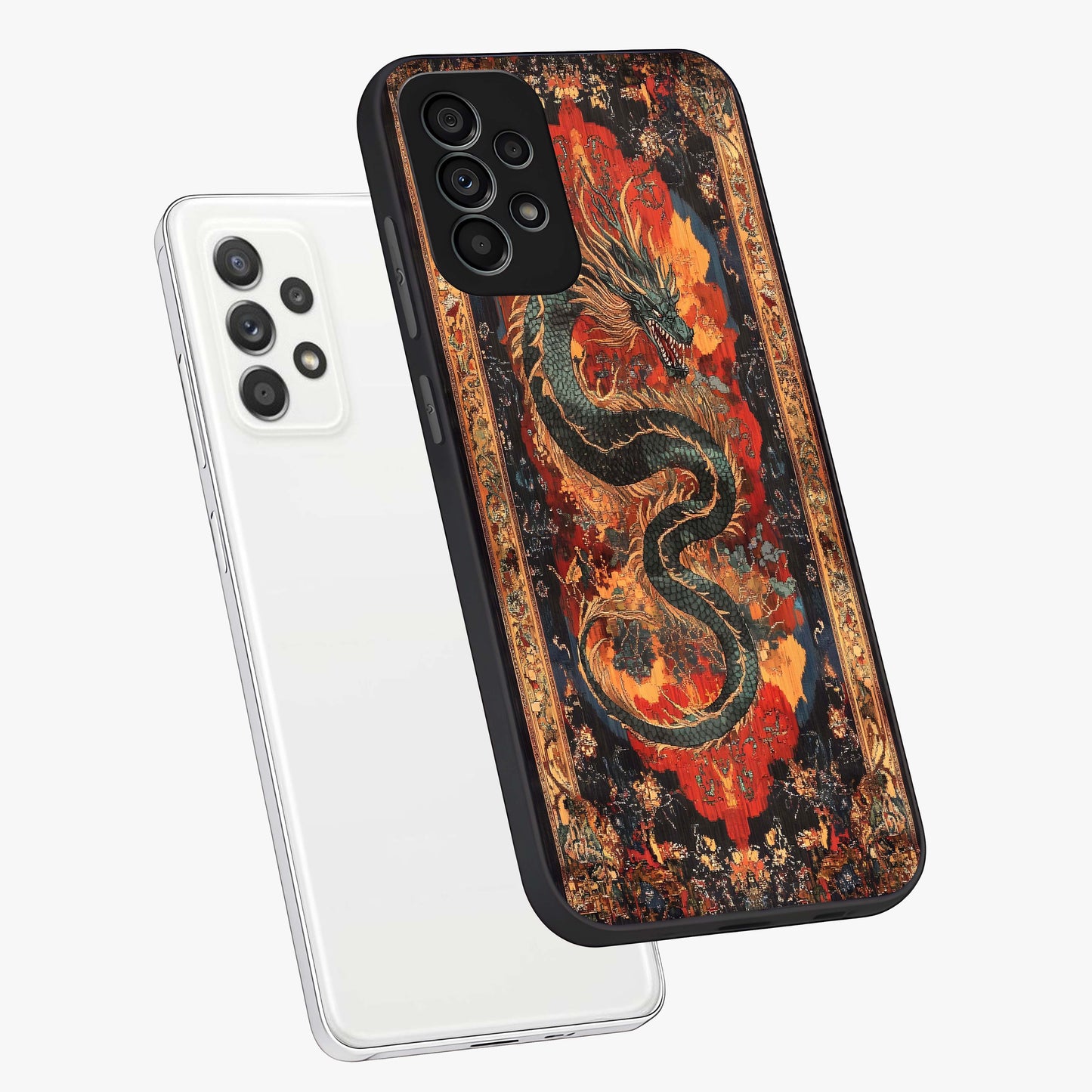 Inferno Dragon Soul Glass Case displayed in angled mockup highlighting powerful dragon illustration with inferno aesthetic.