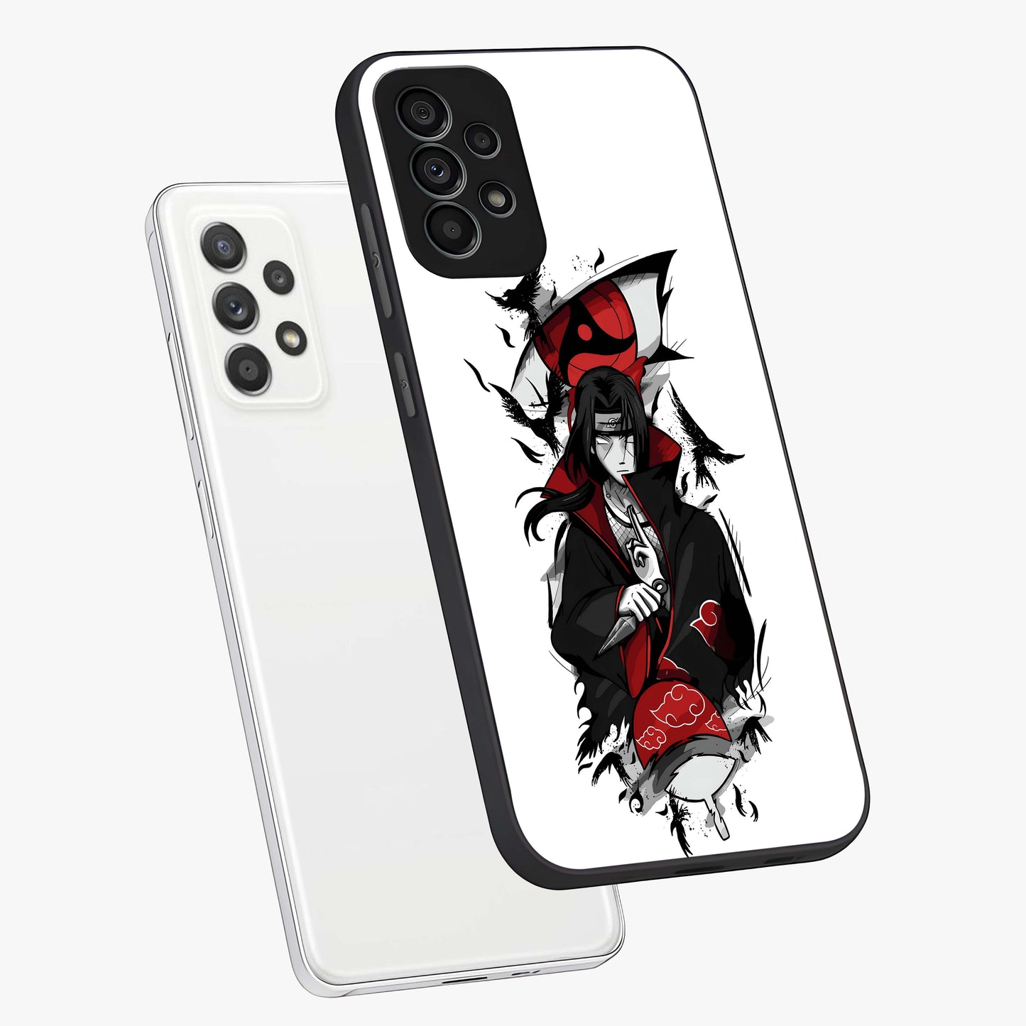 Itachi Limited Edition Naruto Anime Glass Case displayed in angled mockup highlighting dramatic anime illustration with bold action aesthetic.