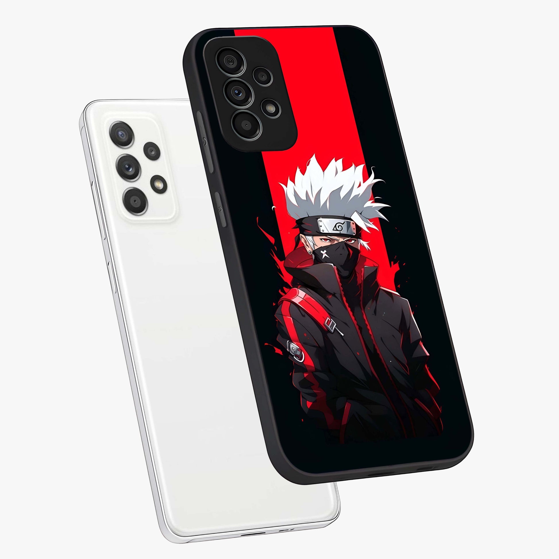 Kakashi Scarlet Shadow Glass Case displayed in angled mockup highlighting dramatic ninja illustration with scarlet themed aesthetic.