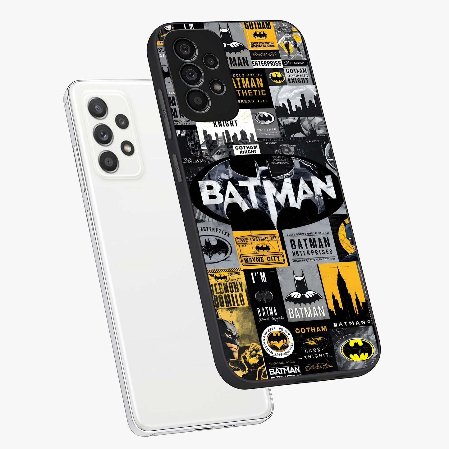 Knight Gotham Rise Glass Case displayed in angled mockup highlighting powerful knight silhouette design with dramatic aesthetic.