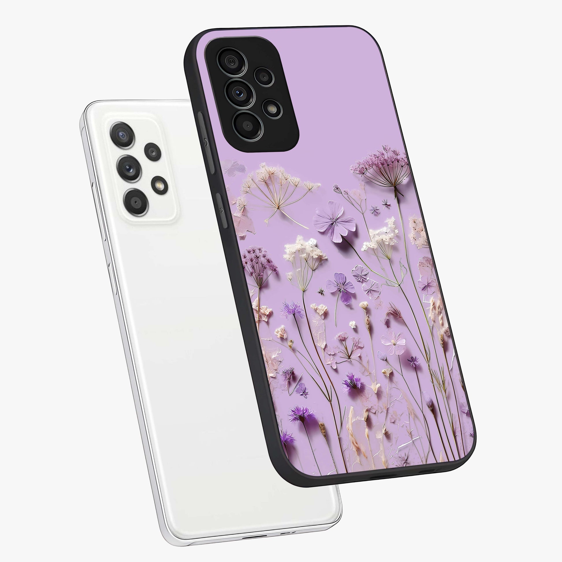Lavender Blossom Dream Glass Case displayed in angled mockup highlighting dreamy lavender flower design with calming aesthetic style.