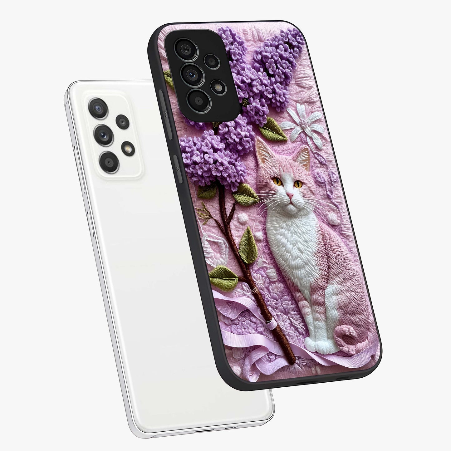 Lavender Cat Whimsy Glass Case displayed in angled mockup highlighting playful feline illustration with pastel lavender aesthetic.