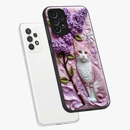 Lavender Cat Whimsy Glass Case displayed in angled mockup highlighting playful feline illustration with pastel lavender aesthetic.