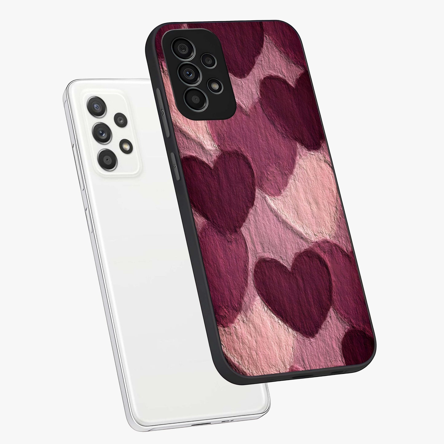 Layered Paper Hearts Glass Case displayed in angled mockup highlighting creative paper craft heart design with romantic aesthetic.