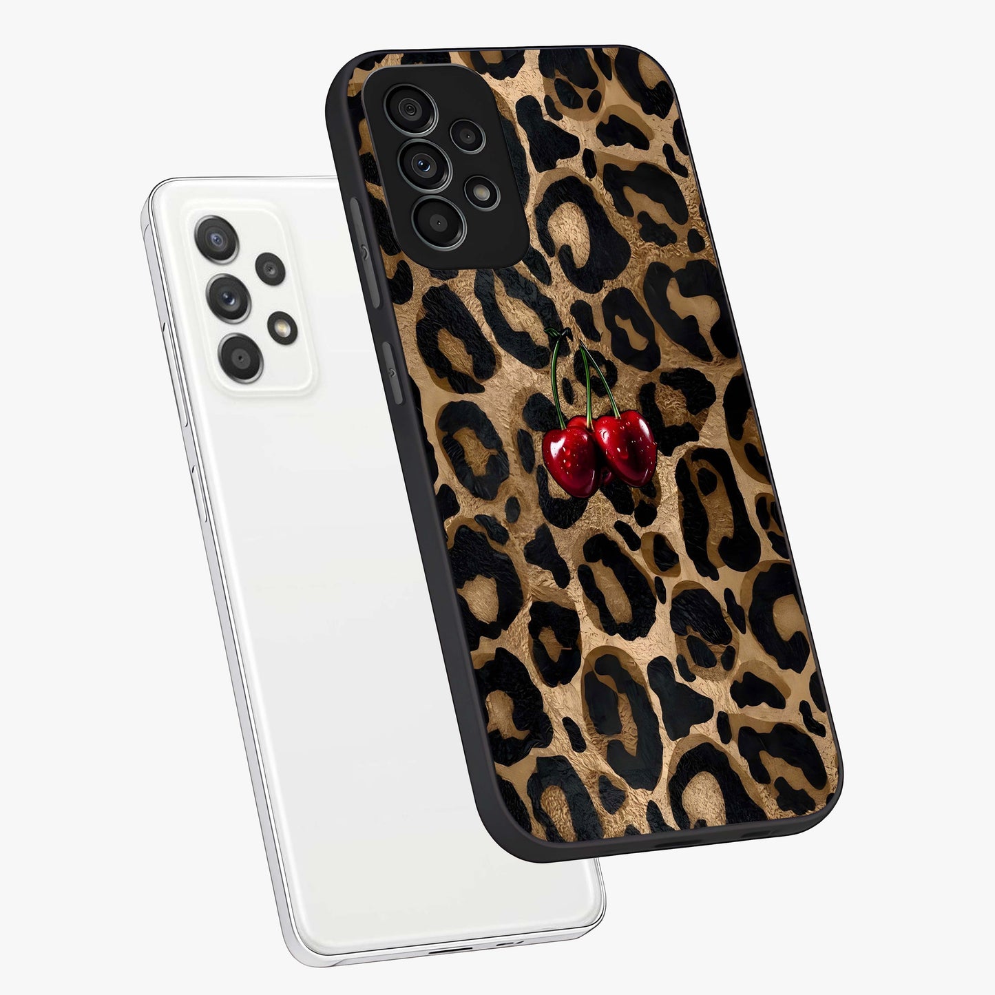 Leopard Wild Cherry Glass Case displayed in angled mockup highlighting bold animal print design with playful cherry aesthetic.