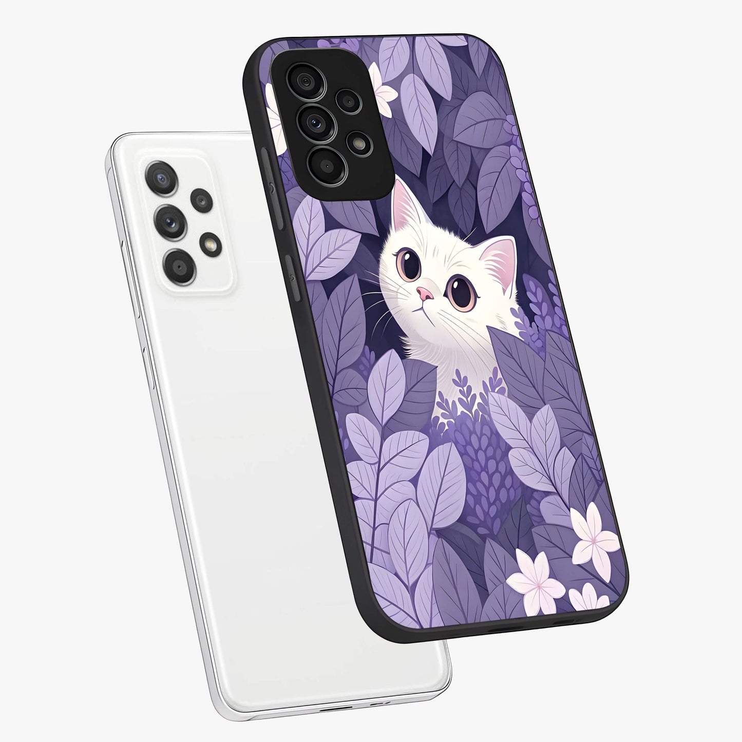 Lilac Hide Peek Cat Glass Case displayed in angled mockup highlighting playful feline illustration with lilac aesthetic design.