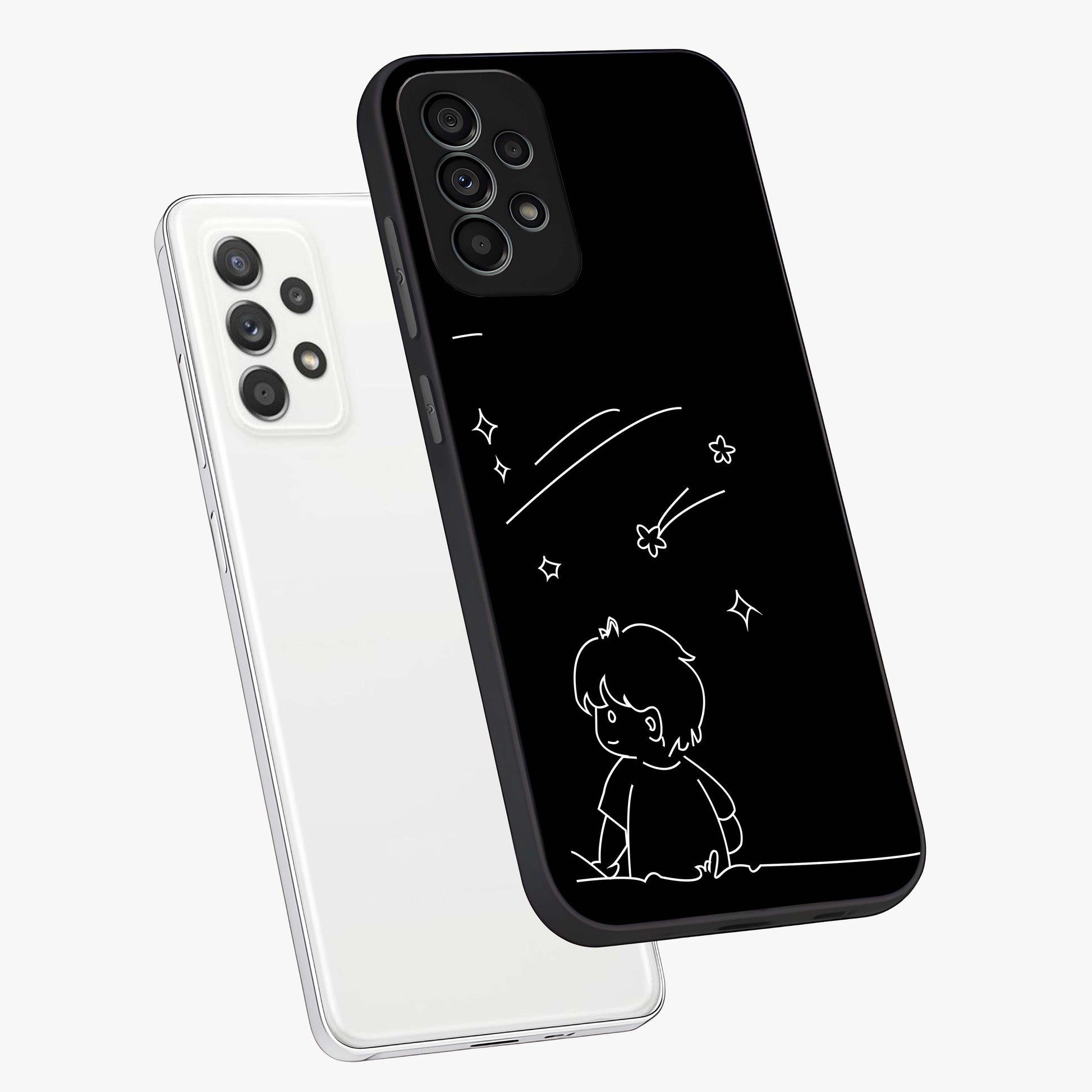 Line Art Boy With Shooting Stars Glass Case displayed in angled mockup highlighting elegant line art design with dreamy star aesthetic.