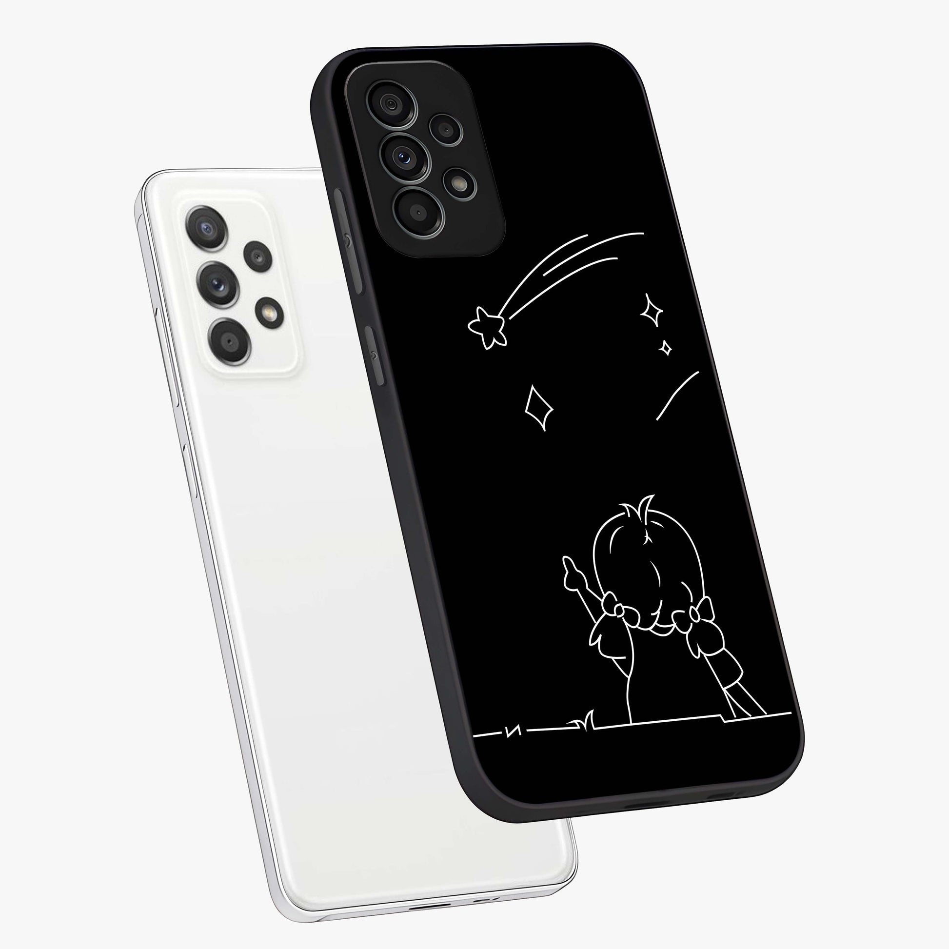 Line Art Girl With Shooting Stars Glass Case displayed in angled mockup highlighting elegant line art design with dreamy star aesthetic.