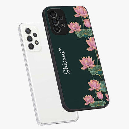 Lotus Bloom Serenity Custom Name Glass Case displayed in angled mockup highlighting graceful lotus illustration with custom name feature.