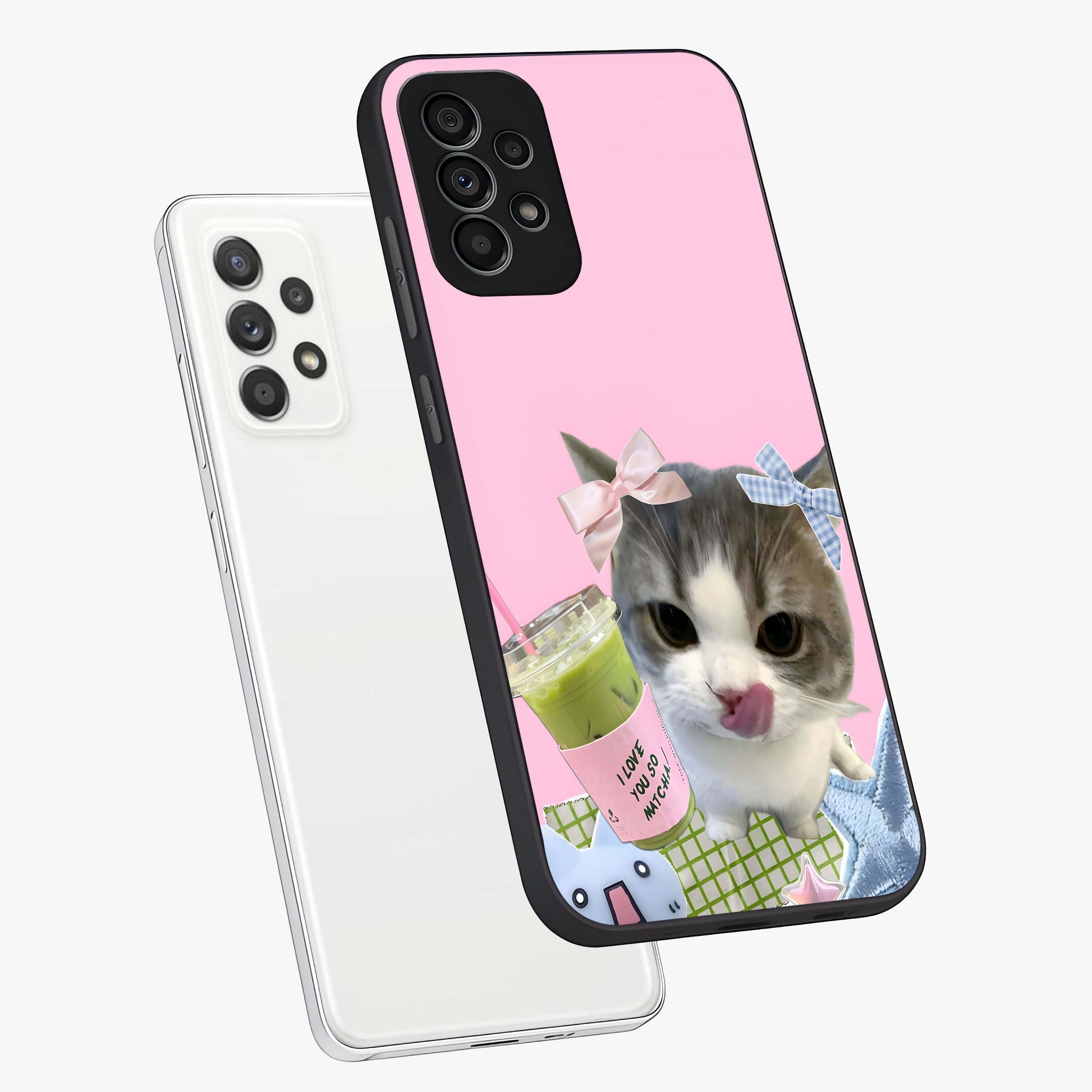 Love Matcha Cat Glass Case displayed in angled mockup highlighting playful feline illustration with cozy matcha aesthetic.