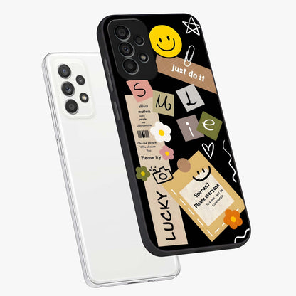 Lucky Aesthetic Collage Glass Case displayed in angled mockup highlighting stylish collage pattern with modern aesthetic vibe.
