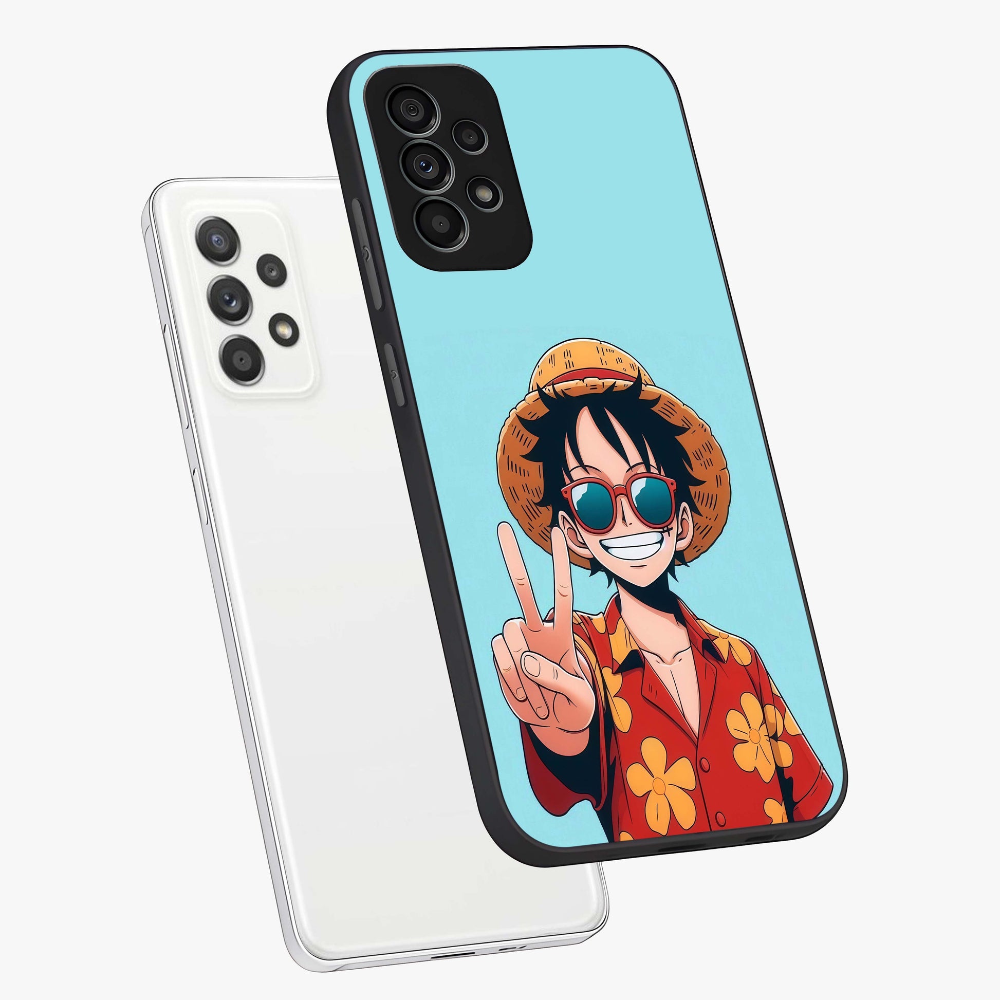 Luffy Summer Anime Vibe Glass Case displayed in angled mockup highlighting energetic anime illustration with summer vibe aesthetic.