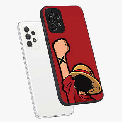Luffy X Spirit Glass Case displayed in angled mockup highlighting powerful anime design with energetic action aesthetic.