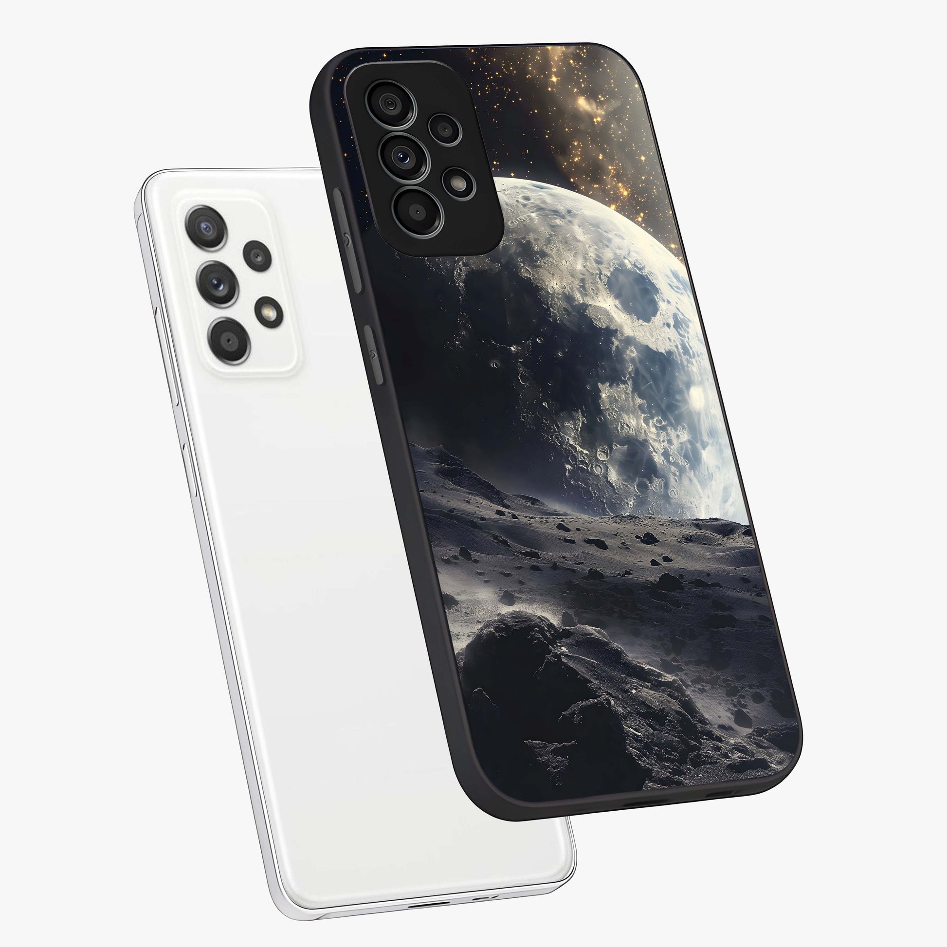 Lunar Horizon Glow Glass Case displayed in angled mockup highlighting celestial moon design with dreamy night aesthetic.