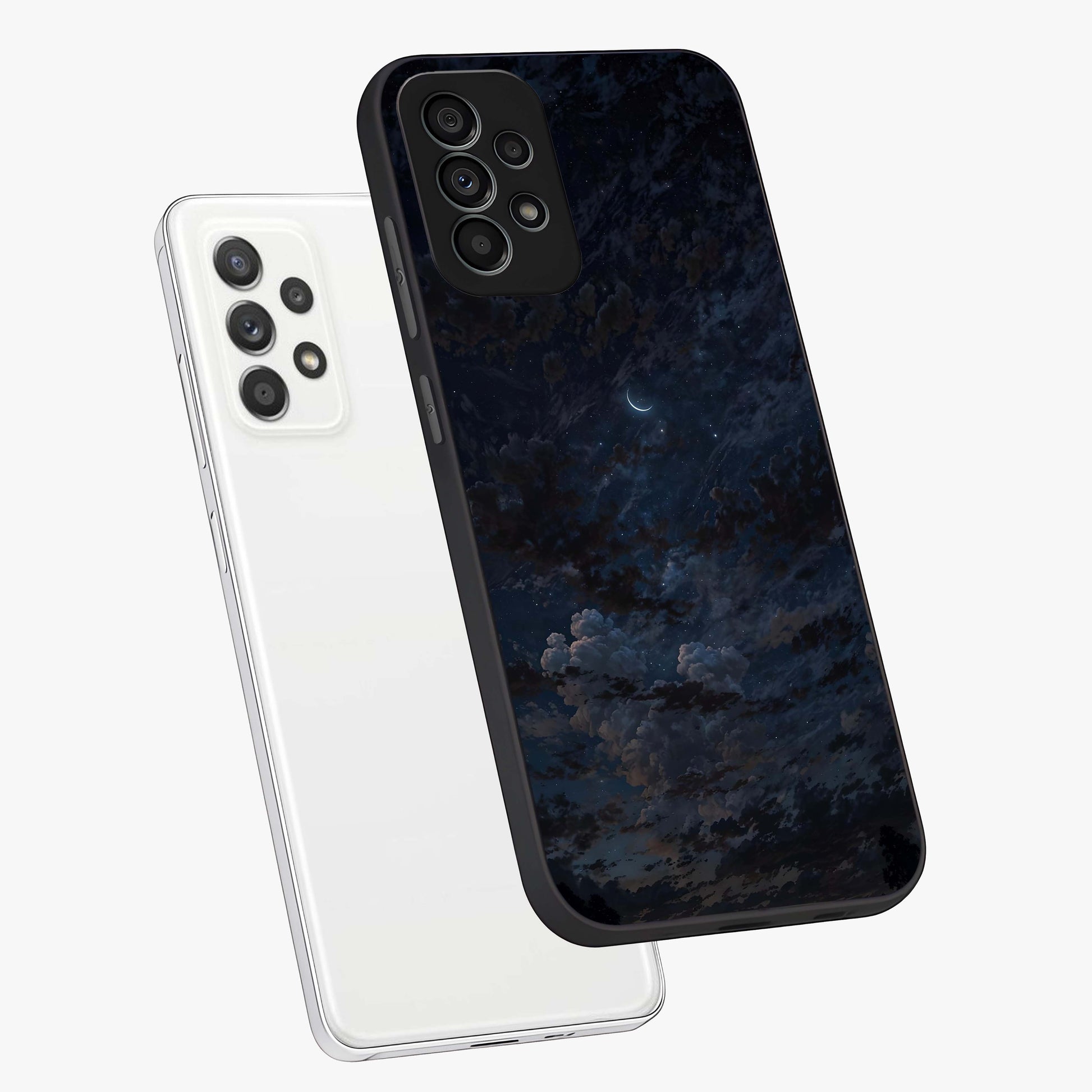 Lunar Veil Silence Glass Case displayed in angled mockup highlighting soft lunar design with peaceful celestial aesthetic.