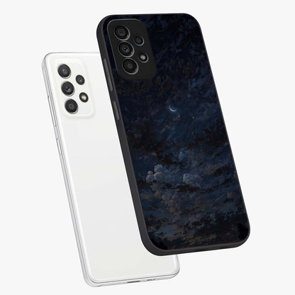 Lunar Veil Silence Glass Case displayed in angled mockup highlighting soft lunar design with peaceful celestial aesthetic.