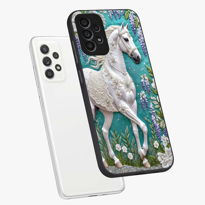 Majestic Floral Stallion Glass Case displayed in angled mockup highlighting majestic stallion illustration with elegant floral aesthetic.