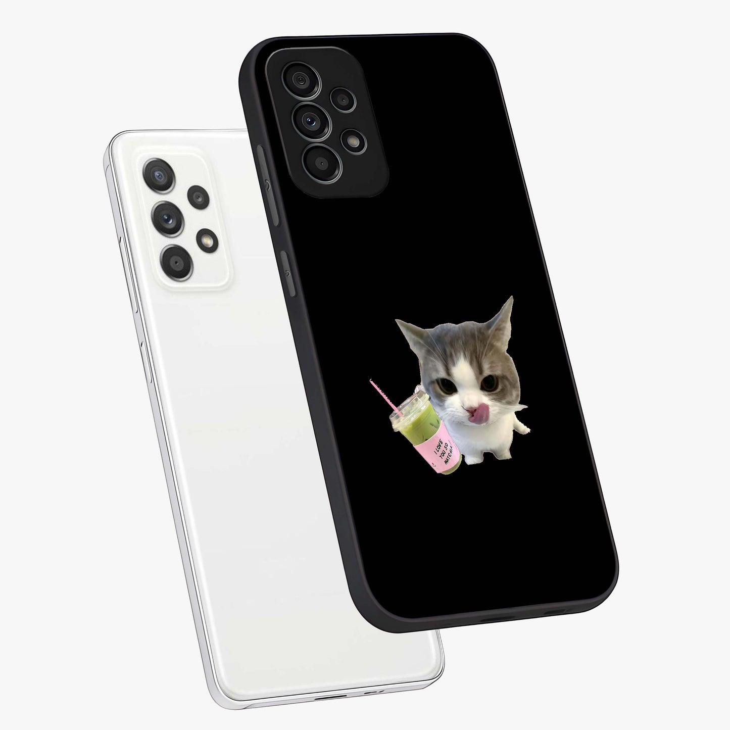 Matcha Cat Style Glass Case displayed in angled mockup highlighting playful feline design with pastel matcha aesthetic.