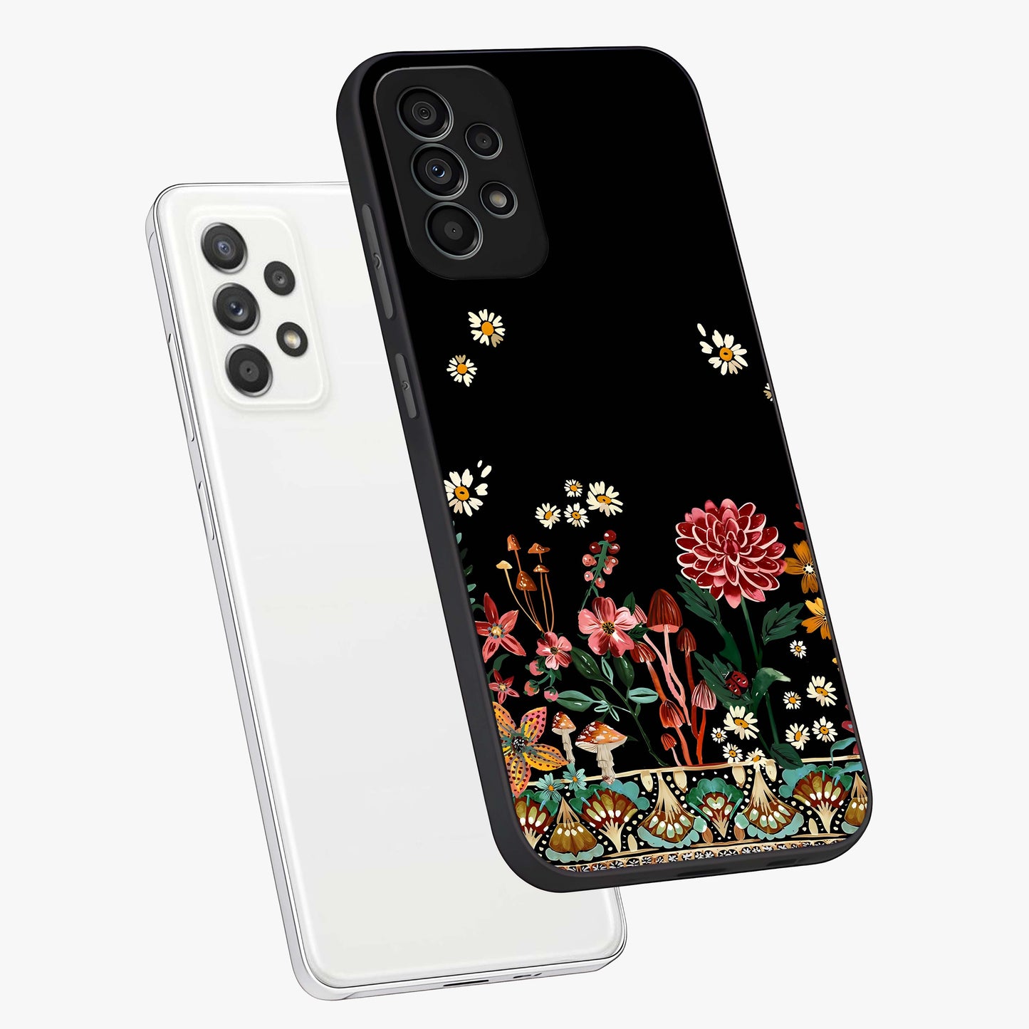 Midnight Bloom Pattern Glass Case displayed in angled mockup highlighting elegant flower design with midnight aesthetic style.