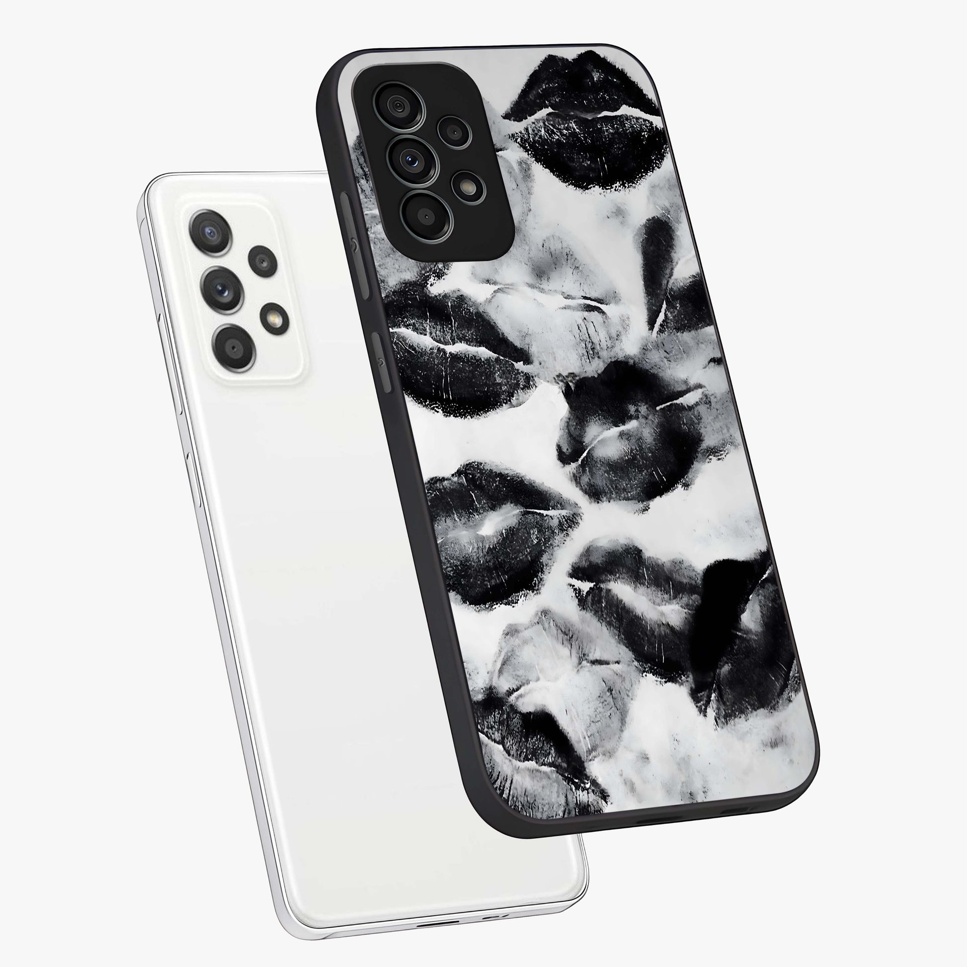 Midnight Kiss Marks Glass Case displayed in angled mockup highlighting playful romantic design with bold midnight aesthetic.