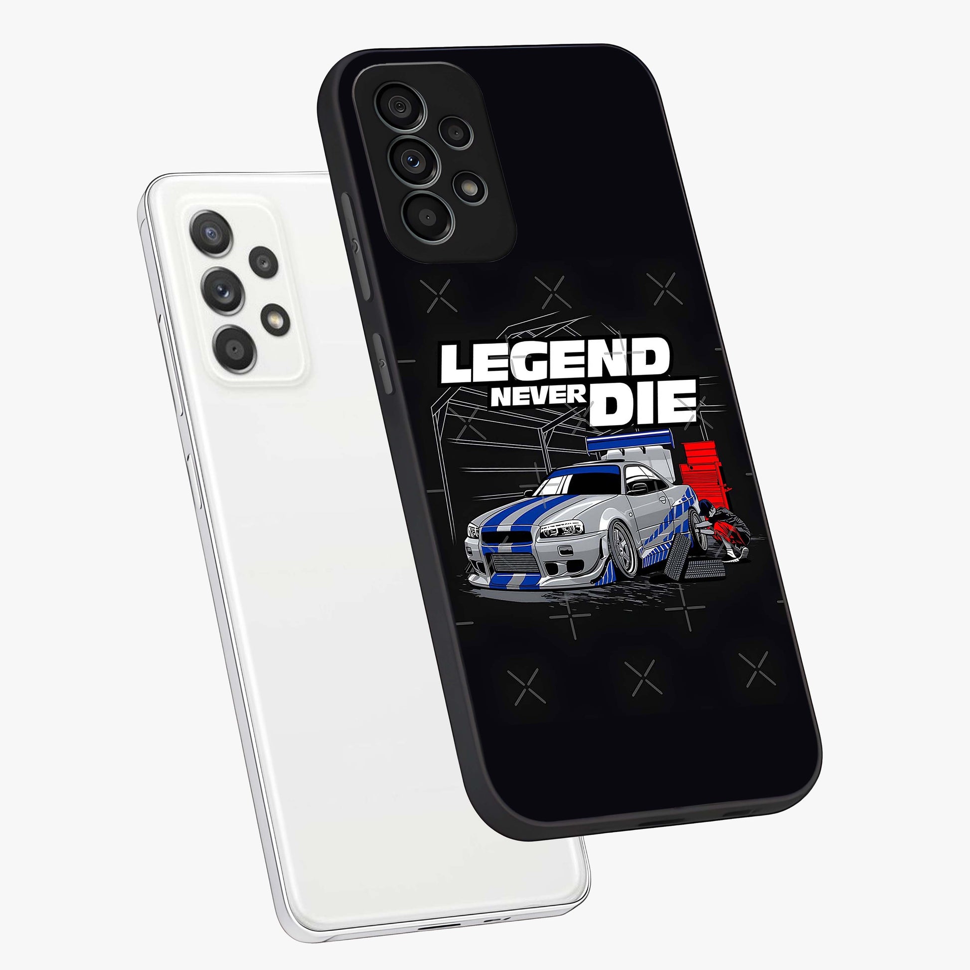Midnight Racing Legacy Glass Case displayed in angled mockup highlighting dynamic automotive design with bold midnight aesthetic.