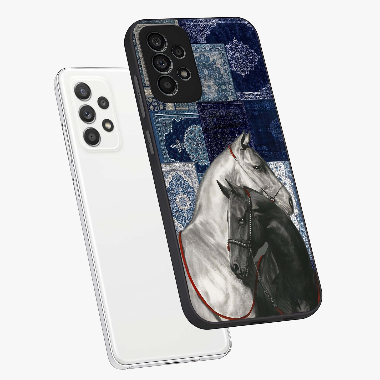 Midnight Stallion Blues Glass Case displayed in angled mockup highlighting powerful stallion illustration with deep midnight tones.
