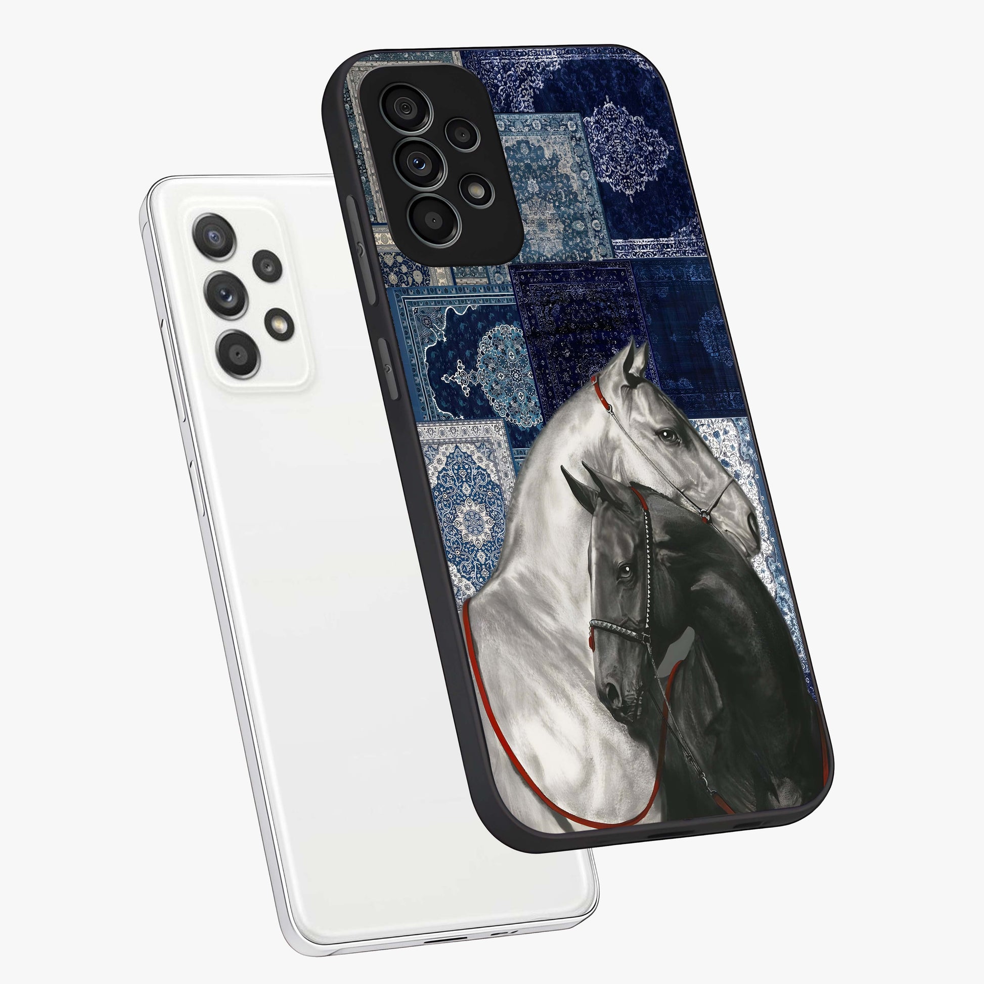 Midnight Stallion Blues Glass Case displayed in angled mockup highlighting powerful stallion illustration with deep midnight tones.