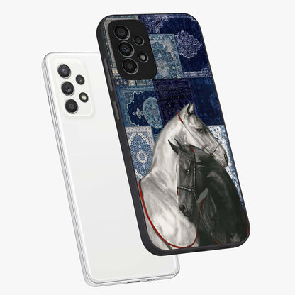 Midnight Stallion Blues Glass Case displayed in angled mockup highlighting powerful stallion illustration with deep midnight tones.