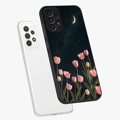 Midnight Tulip Whispers Vibe Glass Case displayed in angled mockup highlighting delicate tulip design with midnight floral aesthetic.