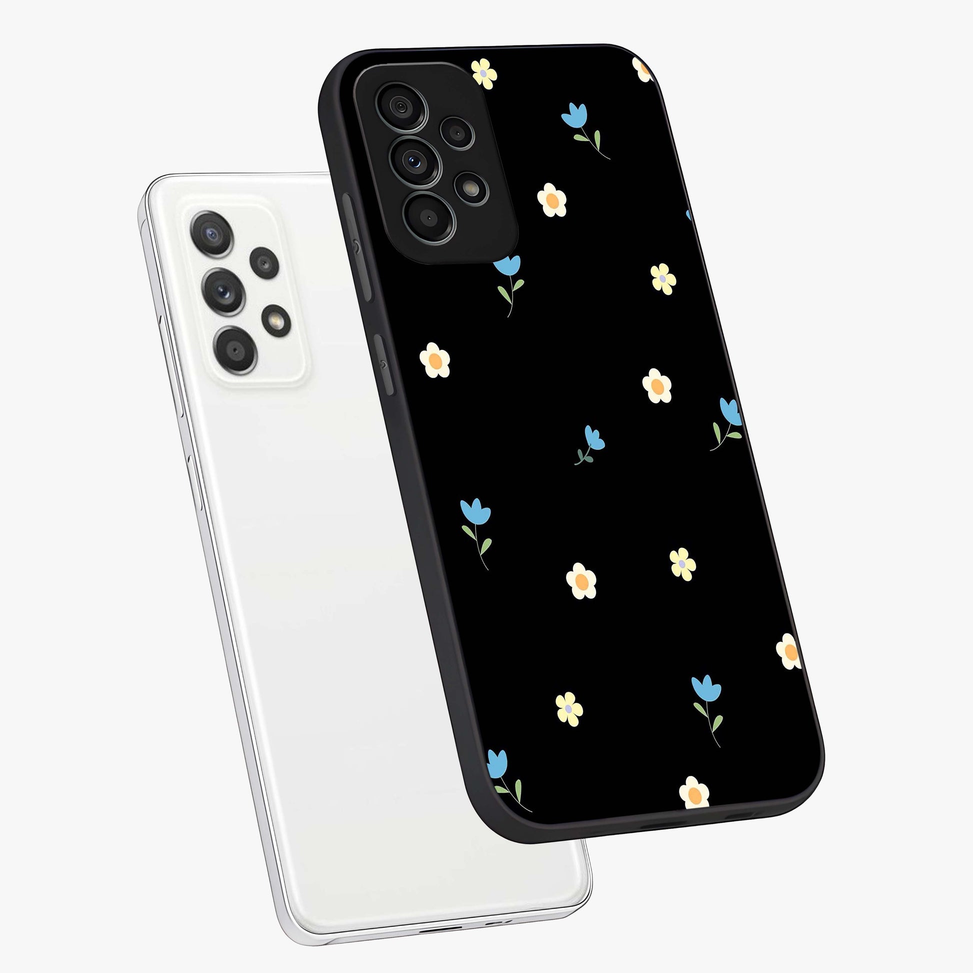 Minimal Petal Whispers Glass Case displayed in angled mockup highlighting delicate petal design with clean minimal aesthetic.