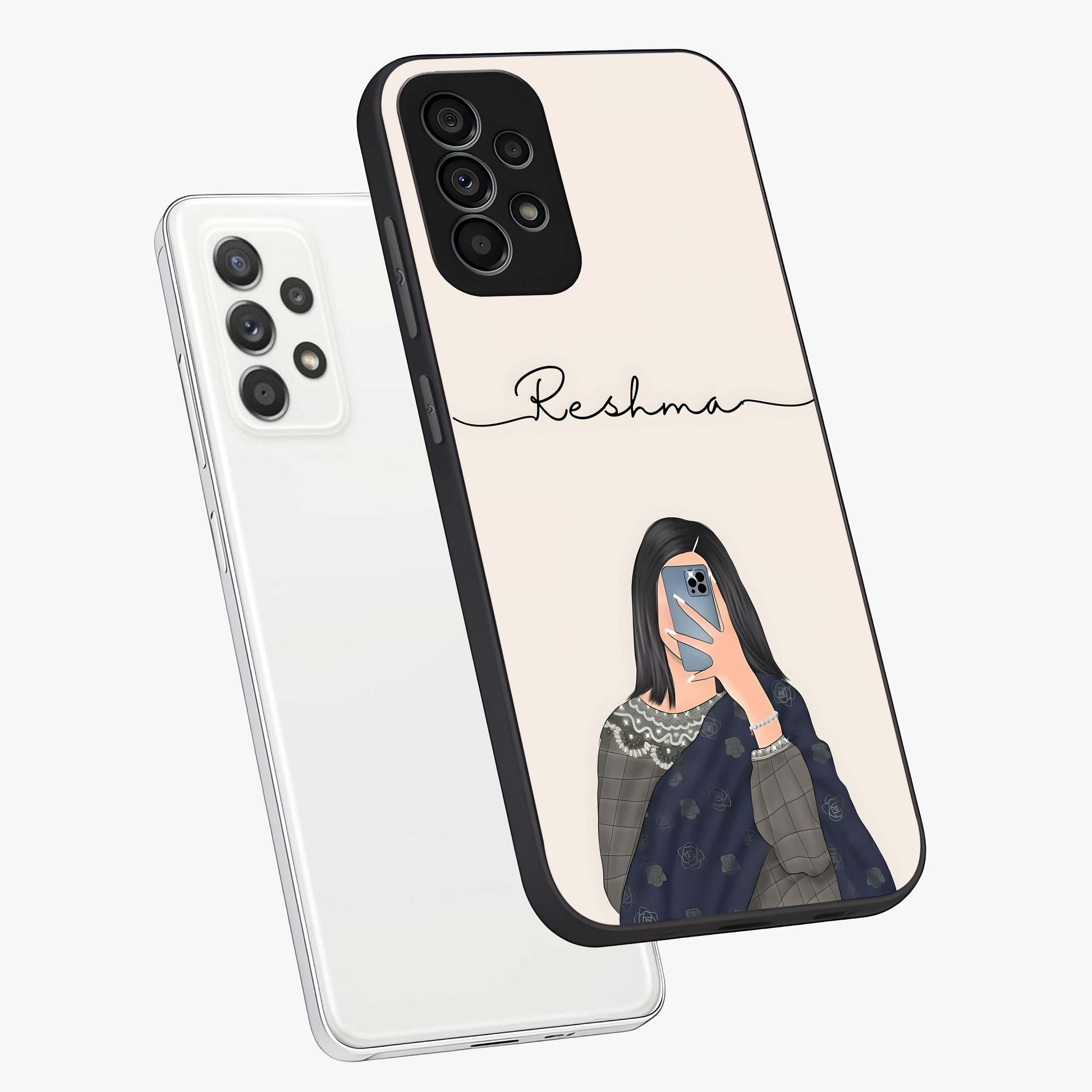 Mirror Mood Muse With Custom Name Glass Case displayed in angled mockup highlighting aesthetic mirror inspired design with custom name feature.
