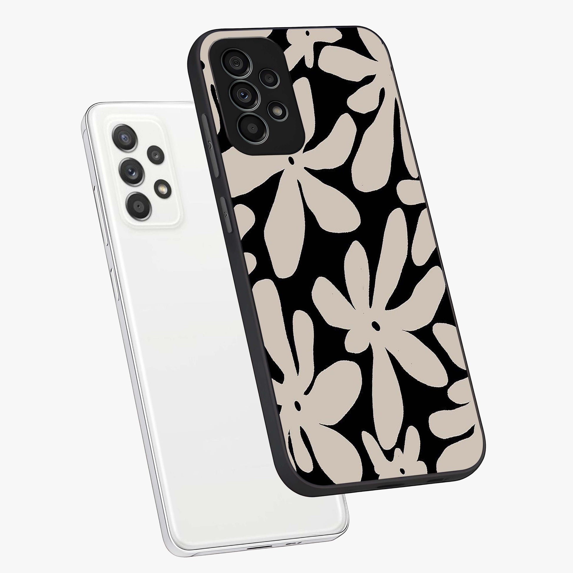 Monochrome Petal Dance Glass Case displayed in angled mockup highlighting elegant petal design with black and white aesthetic.