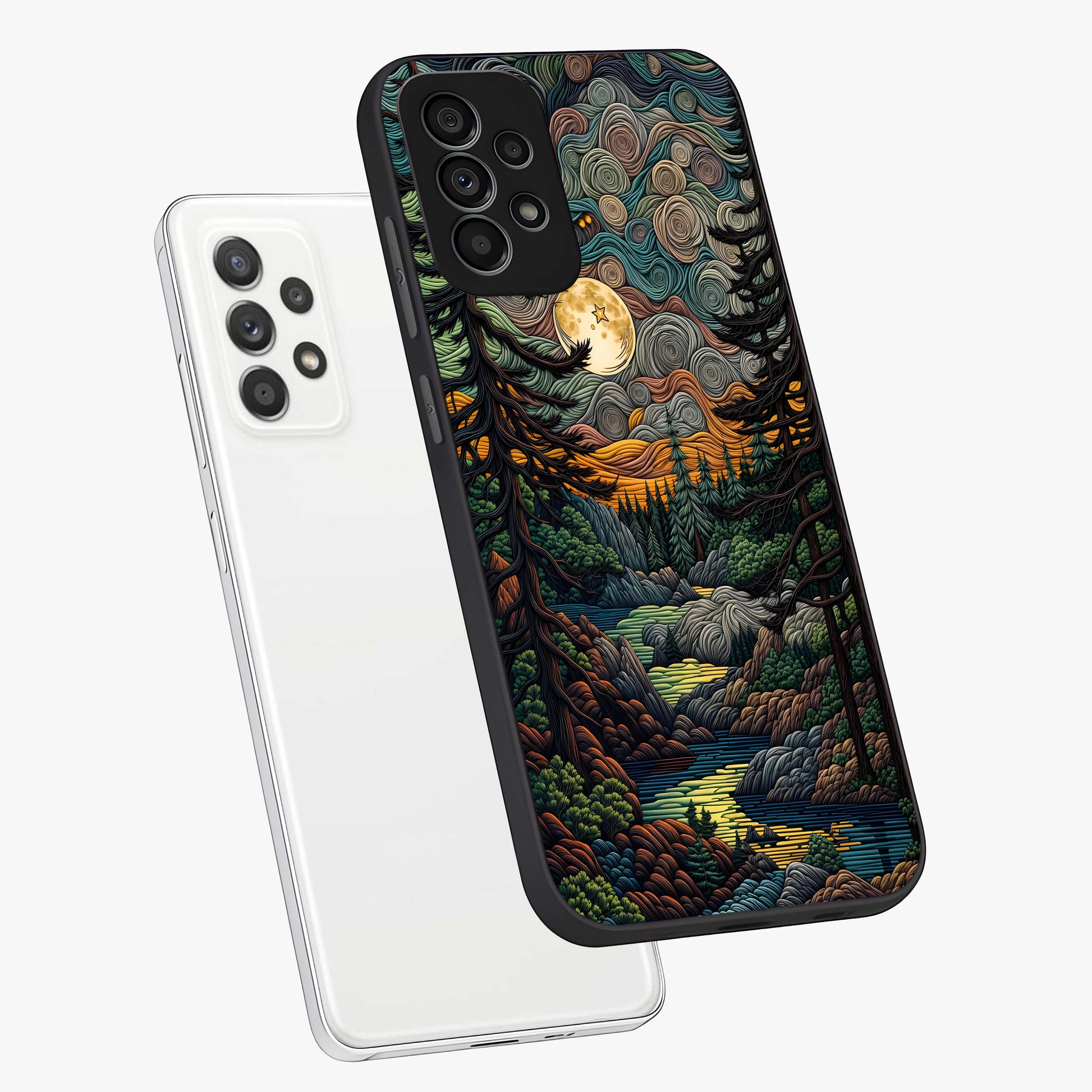 Moonlight Forest Dream Glass Case displayed in angled mockup highlighting dreamy forest design with glowing moon aesthetic.
