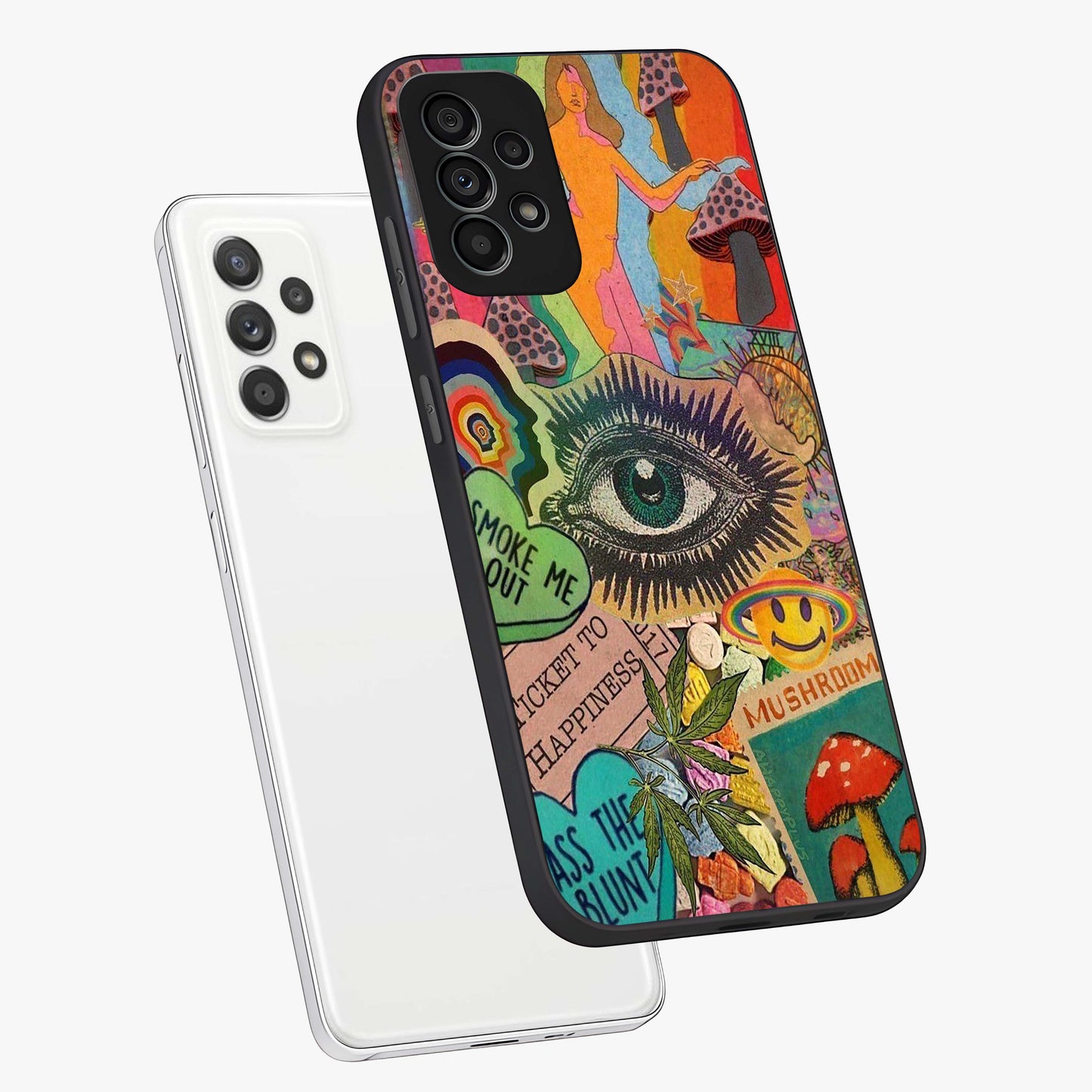 Mystic Eye Wonderland Glass Case displayed in angled mockup highlighting magical eye illustration with dreamy aesthetic.
