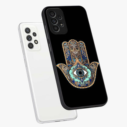 Mystic Hamsa Eye Glass Case displayed in angled mockup highlighting spiritual hamsa symbol with mystical aesthetic style.